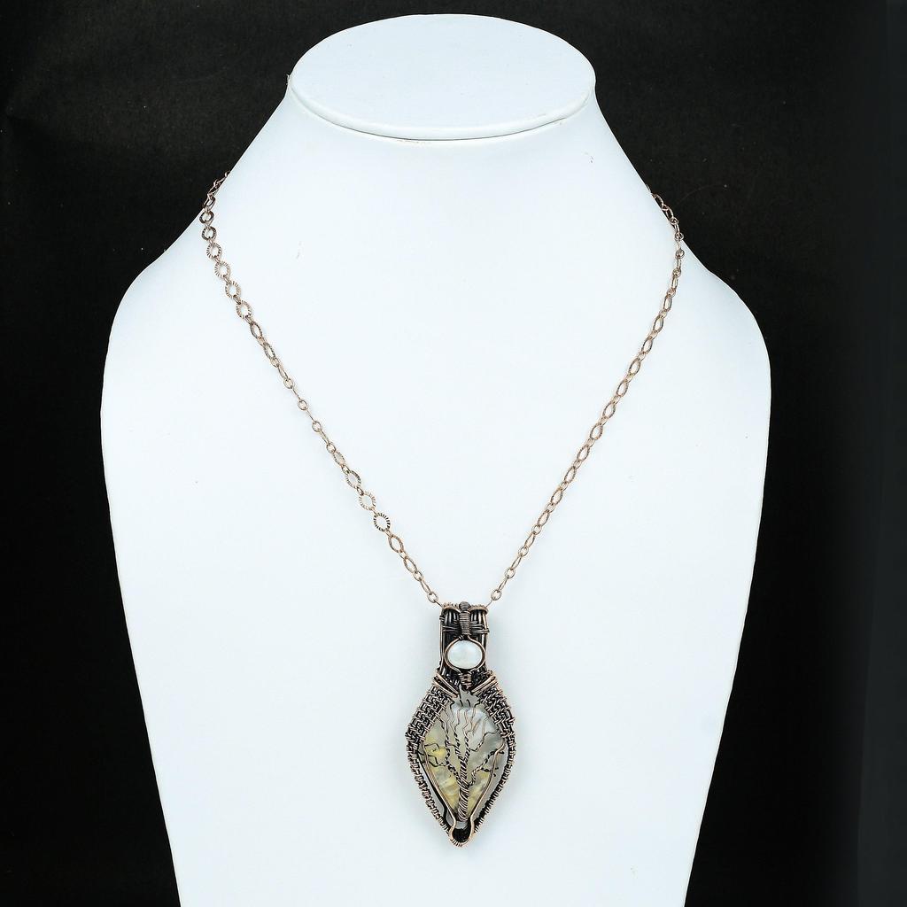 Lebensbaum Feder Achat Edelstein Anhänger Kupferdraht gewickelter Anhänger Handgefertigter Anhänger Regenbogenmondstein Anhänger Geschenk für Mutter Brautgeschenk