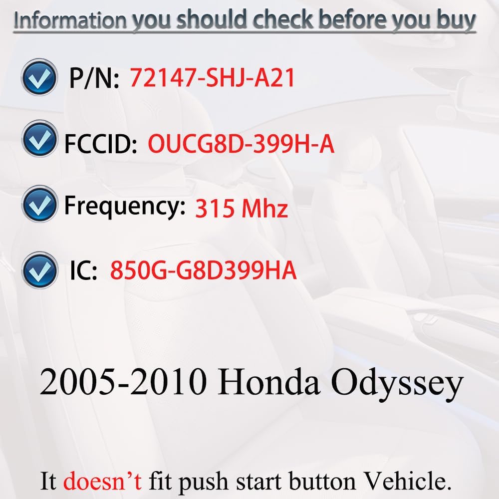 Key Fob Keyless Entry Fits for Honda Odyssey 2005-2010 Remote Control Replacement FCC ID:OUCG8D-399H-A P/N:72147-SHJ-A21 5 Buttons