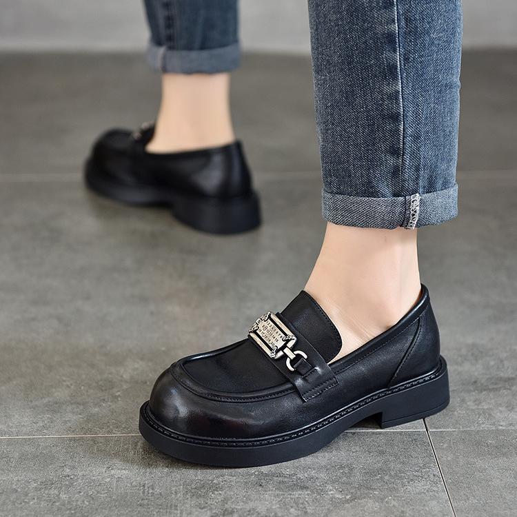 Johnature Metallspenne Loafers ekte skinn Pumps Britiske allsidig rund tå lavhæl damesko