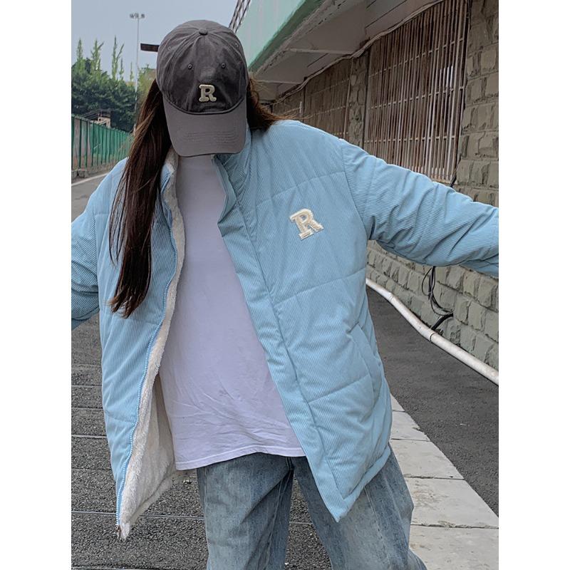 Double-sided Wear Lamb Wool Cotton-padded Jacket Couple Winter Corduroy Cotton-padded Jacket with Velvet Padded Lamb Down.