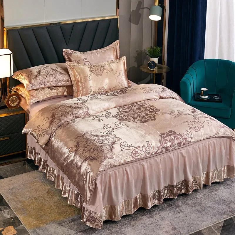 4 stk/sett Europeisk Jacquard Sengeskjørt Sengetøysett Fire Sesonger Laken Dynetrekk Sommer Issilke Dobbeltseng Bryllup Lett Luksus Fire Deler Sett