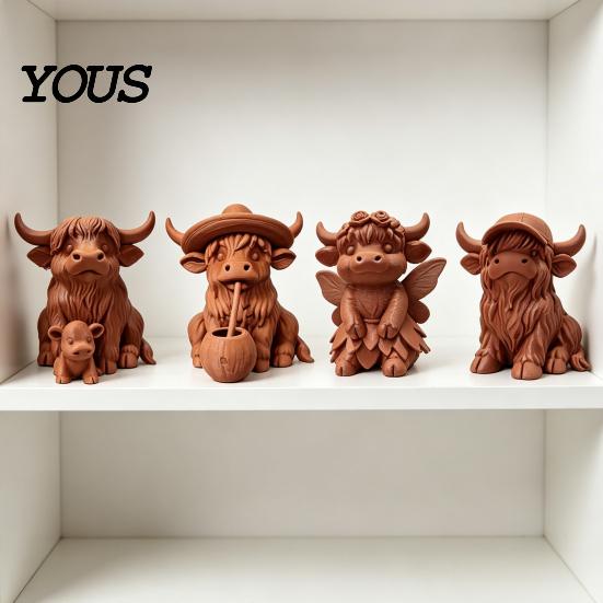 3D Printed Cow Sculpture Rustic Highland Ornament, Terracotta Color Statue, Modern Home Accessory Cute Figurine for Desk Shelf Farmhouse