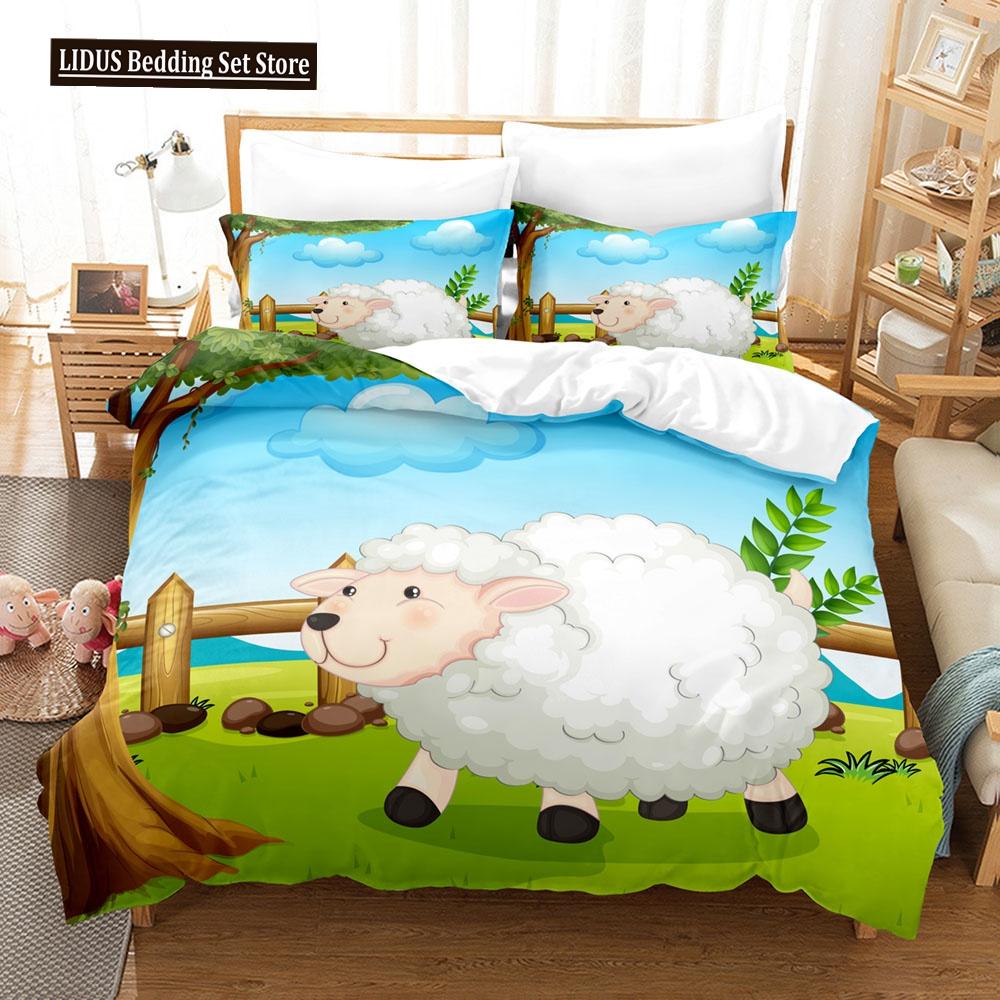 Cartoon Goat Duvet Cover Set Cute Kawaii White Goat White Background King Queen Size For Girls Boys Gift Polyester Bedding Set
