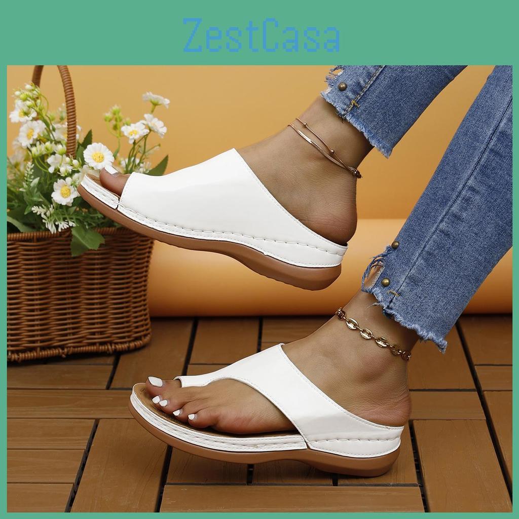 Summer Color 2024 Solid Casual Comfortable Oversized Toe Slippers With Slope Heels Lightweight Retro Roman Womens Shoes