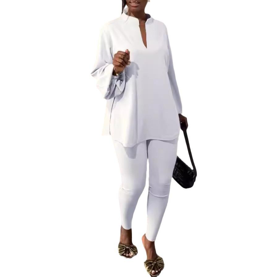 Elegant Two-Piece Set: V-Neck Split Top & Solid Color Skinny Pants