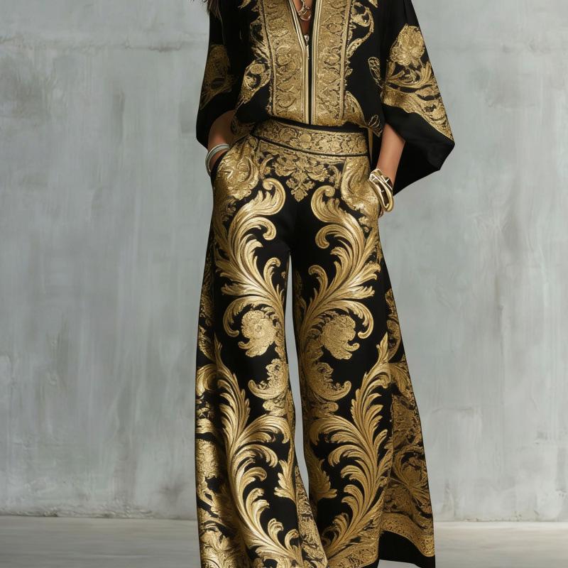 1116 New European and American Style Fashion Luxury Black Gold Baroque Print Nine-quarter Sleeve Wide-leg Pants Set Women's Two-piece Set