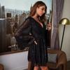 Women's Black Sequin Bell Sleeve Short Dress Deep V Neck A Line Swing Loose Cocktail Evening Party Wedding Guest Formal Dress