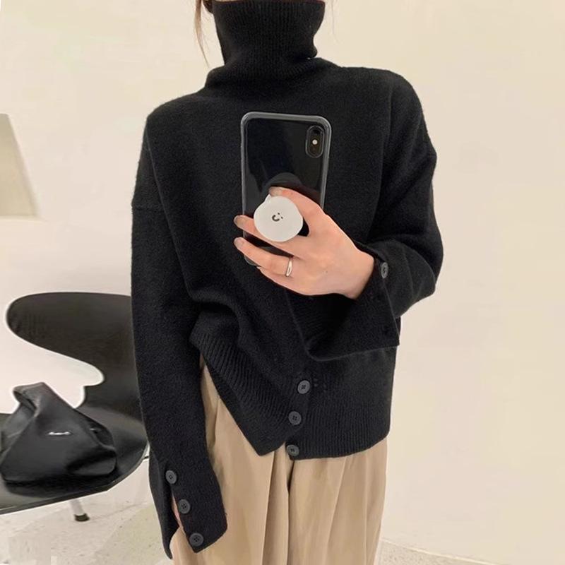 High-necked pullover sweater for women's autumn and winter new loose soft waxy lazy style long-sleeved knitted sweater top for women