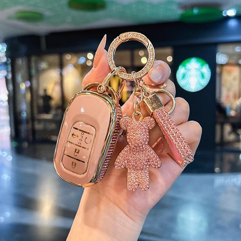 Car Key Case Cover Shell For Honda Civic Car Accessories Cute Bear Keychain, Diamond Car Key Holder