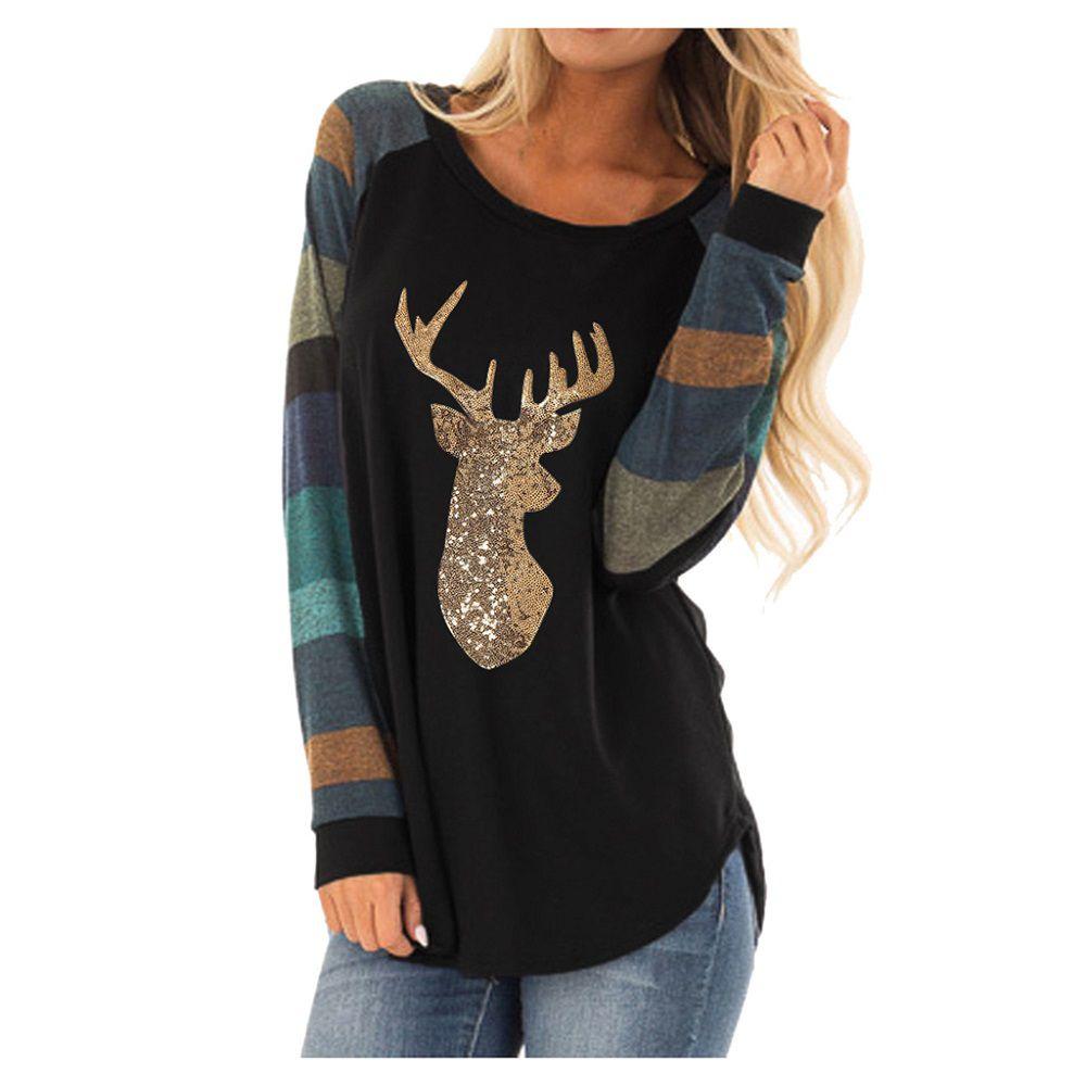Festive Womens Christmas Tops With Sparkling Sequin Reindeer Long Sleeve Design