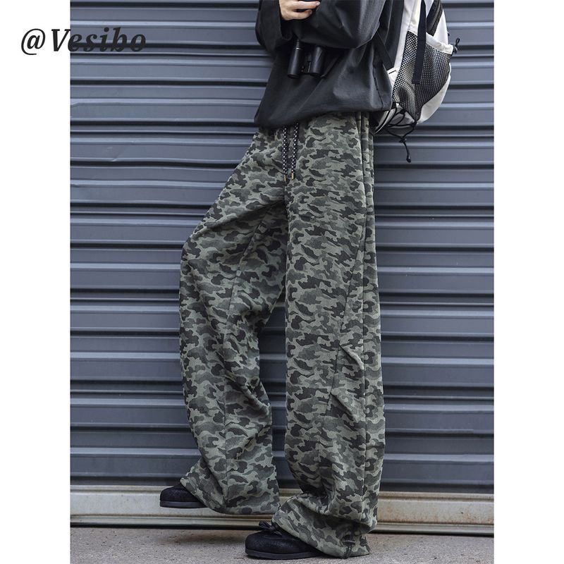 American Retro Camouflage Casual Pants for Men, Spring High Street Wide-Leg Scimitar Pants, Trendy Brand Pleated Drape Floor-Length Pants