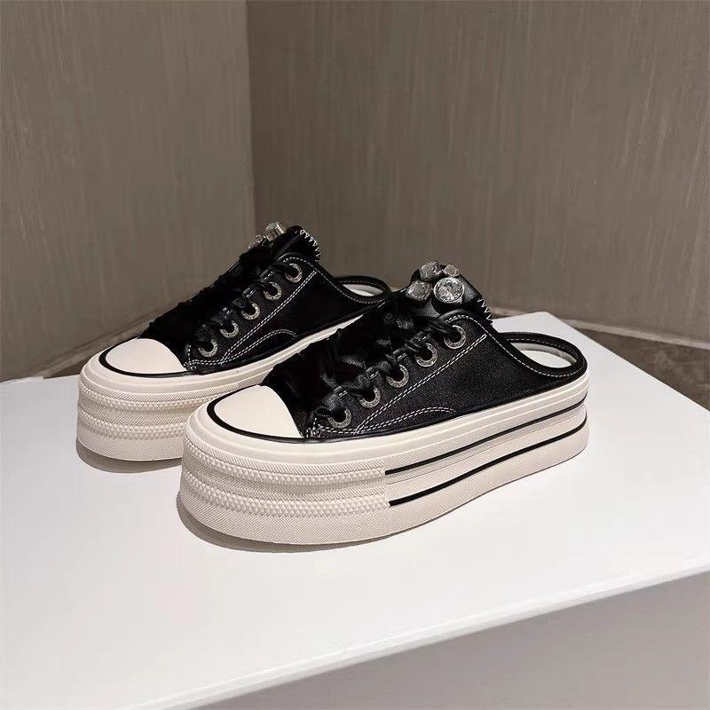 Xiaobai half slippers 2025 new summer super fire rhinestone satin surface lazy thick bottom versatile bag head slippers women