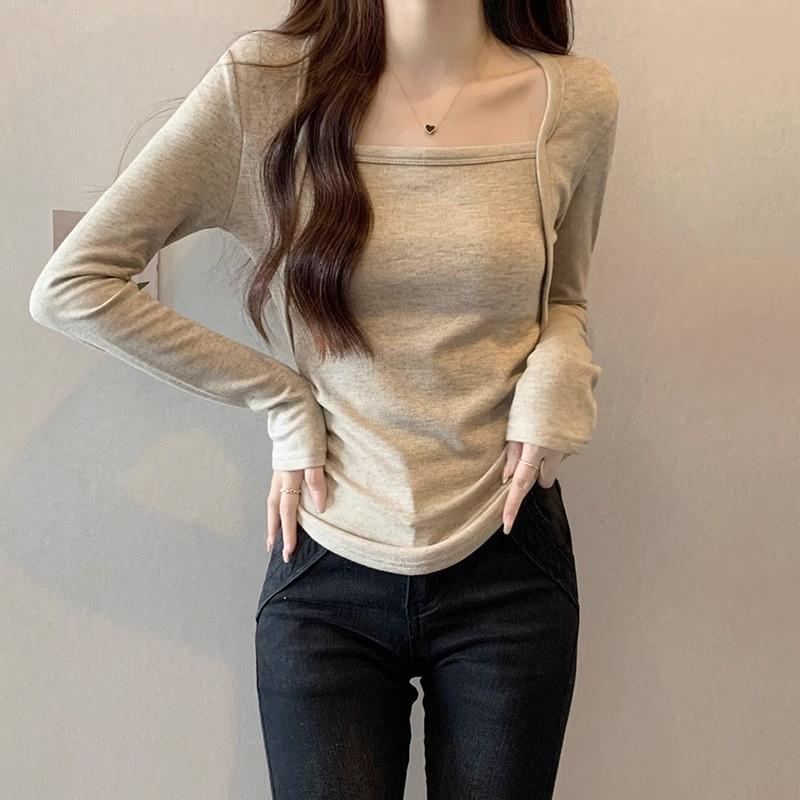 Koreanischer Stil rechte Schulter eckiger Ausschnitt langärmlig plissierte Taille T-Shirt Damen 2024 Herbst neu kurzes Oberteil für heiße Mädchen