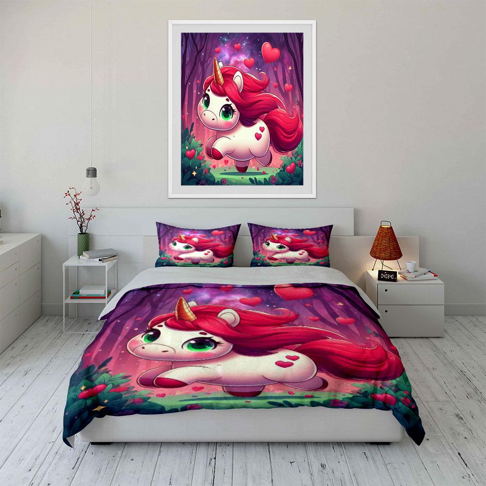 3Pcs Cute Unicorn In Dreamy Forest Duvet Cover Set With 3D Printing Design Soft Polyester Bedding Set All-Season Comfort