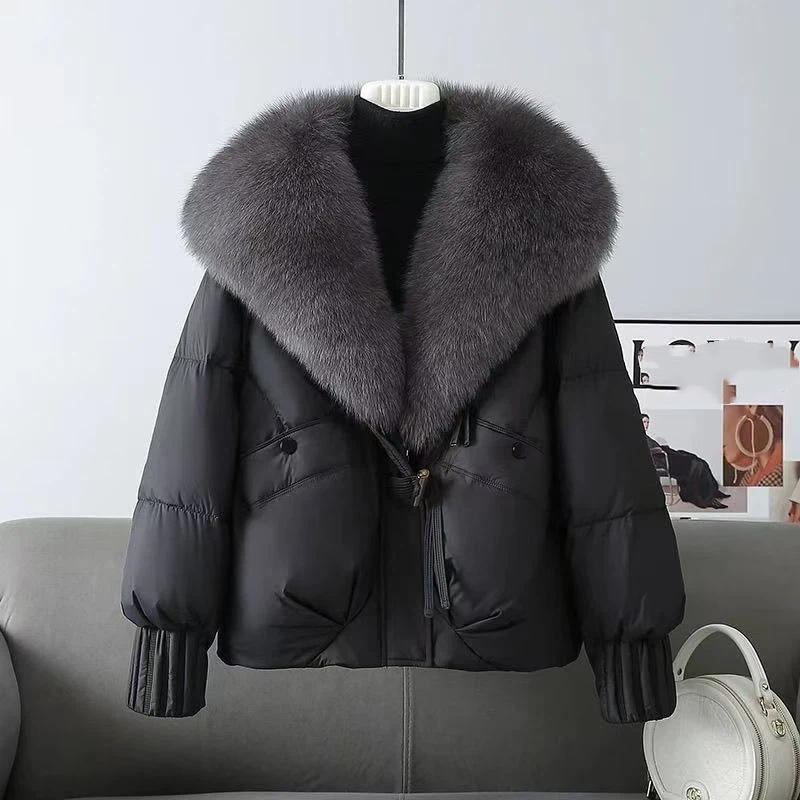 Women's Black Puffer Jacket with Large Gray Fur Collar Toggle Closure Warm Coat