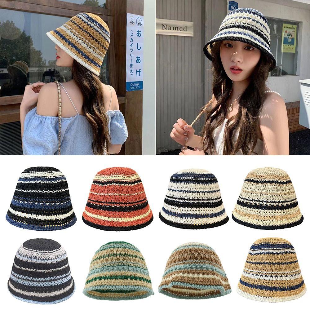 

Великий карнизний в язаний гачком капелюх відро смугастий в язаний порожнистий тонкий капелюх від сонця складаний басейновий капелюх літній бежевий