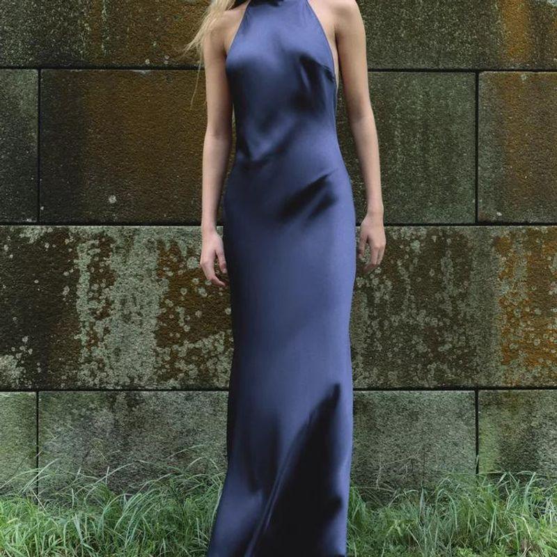 Spring New Sleeveless A- line Formal Dress Halterneck Silk Satin Texture Half Turtleneck Dress 8739331