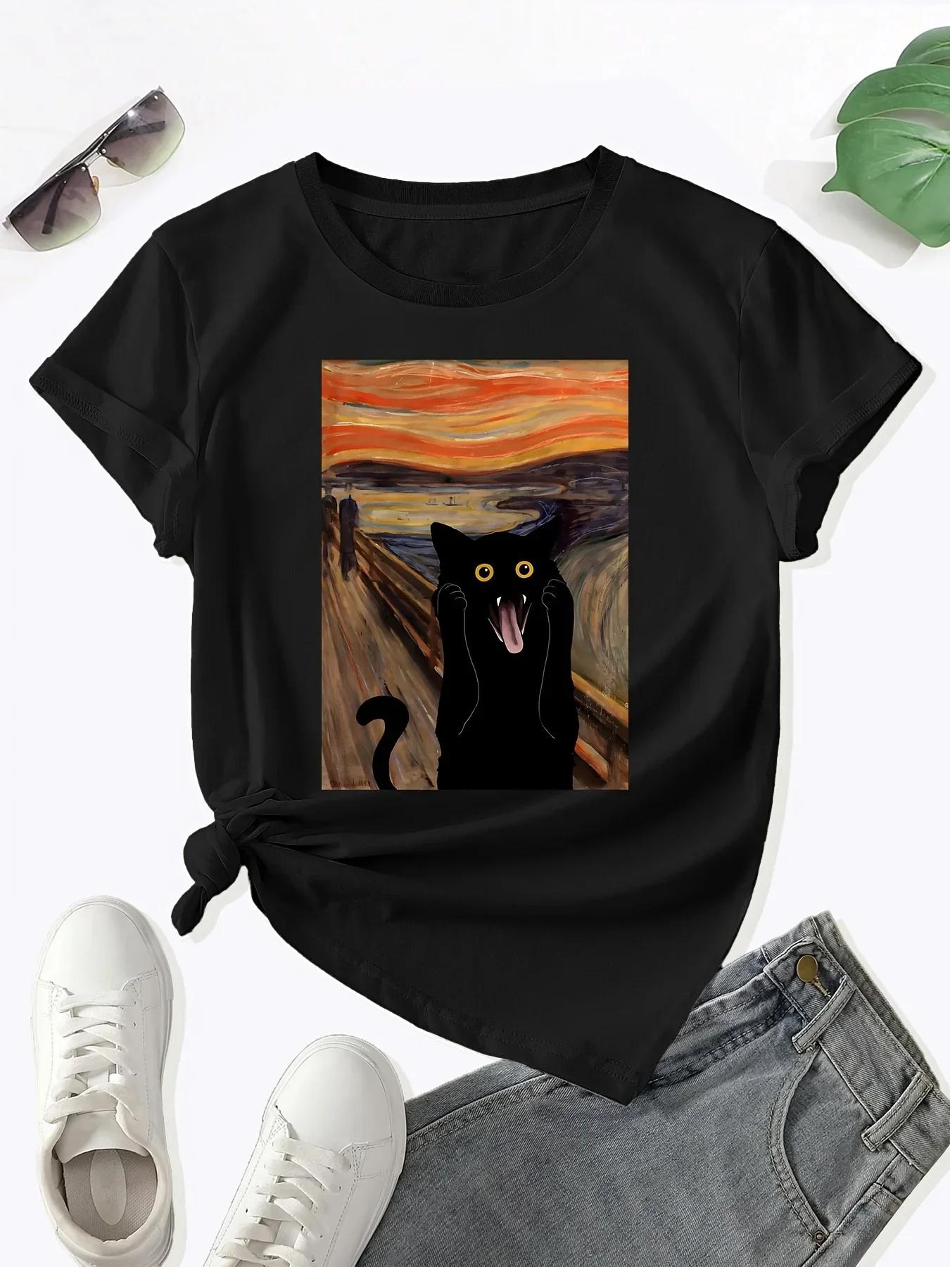 

Scared Cat Creative Printed Crew Neck Womens Tshirt Casual Short Sleeve Top for Summer Y2k Womens Clothing Y2k Top 4XL