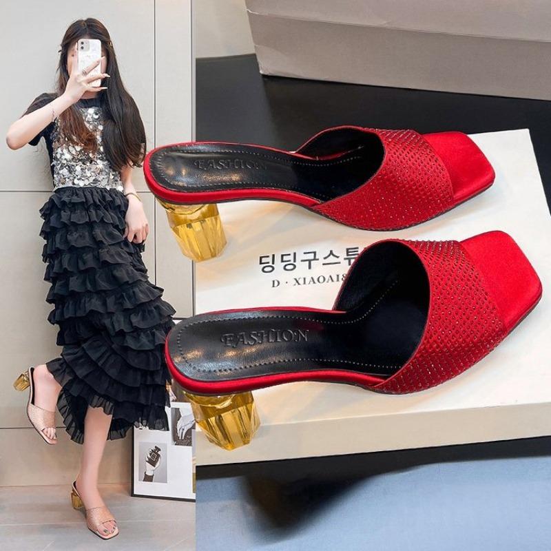 Sandały na dziwnym obcasie w kształcie flakonu perfum Damskie wysadzane kryształami satynowe jednolite sandały slingback Wąskie letnie klapki