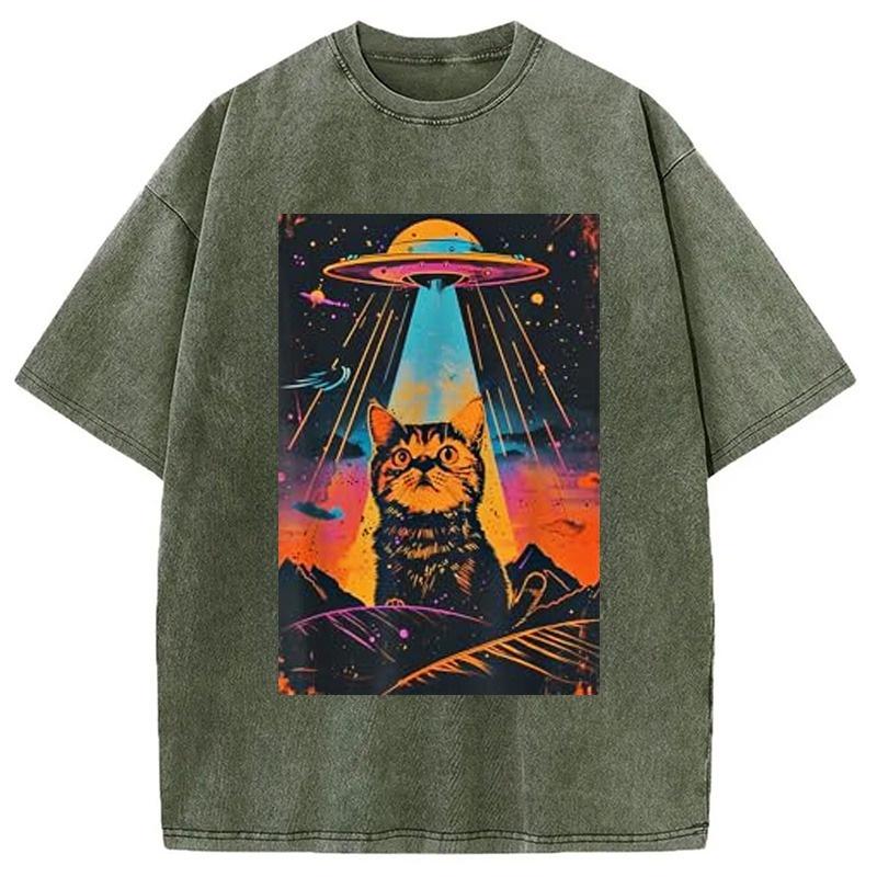 Catzilla Vintage Funny Cute Cat Washed T-Shirt Unisex Anime Printing Short Sleeve Holiday Summer Dropped Shoulder Oversized