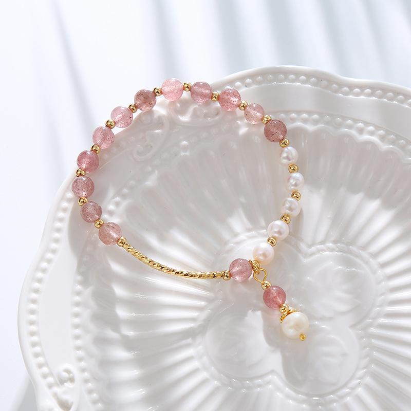 Strawberry crystal natural freshwater pearl bracelet Bangles Women Fashion Jewelry accessories Gift