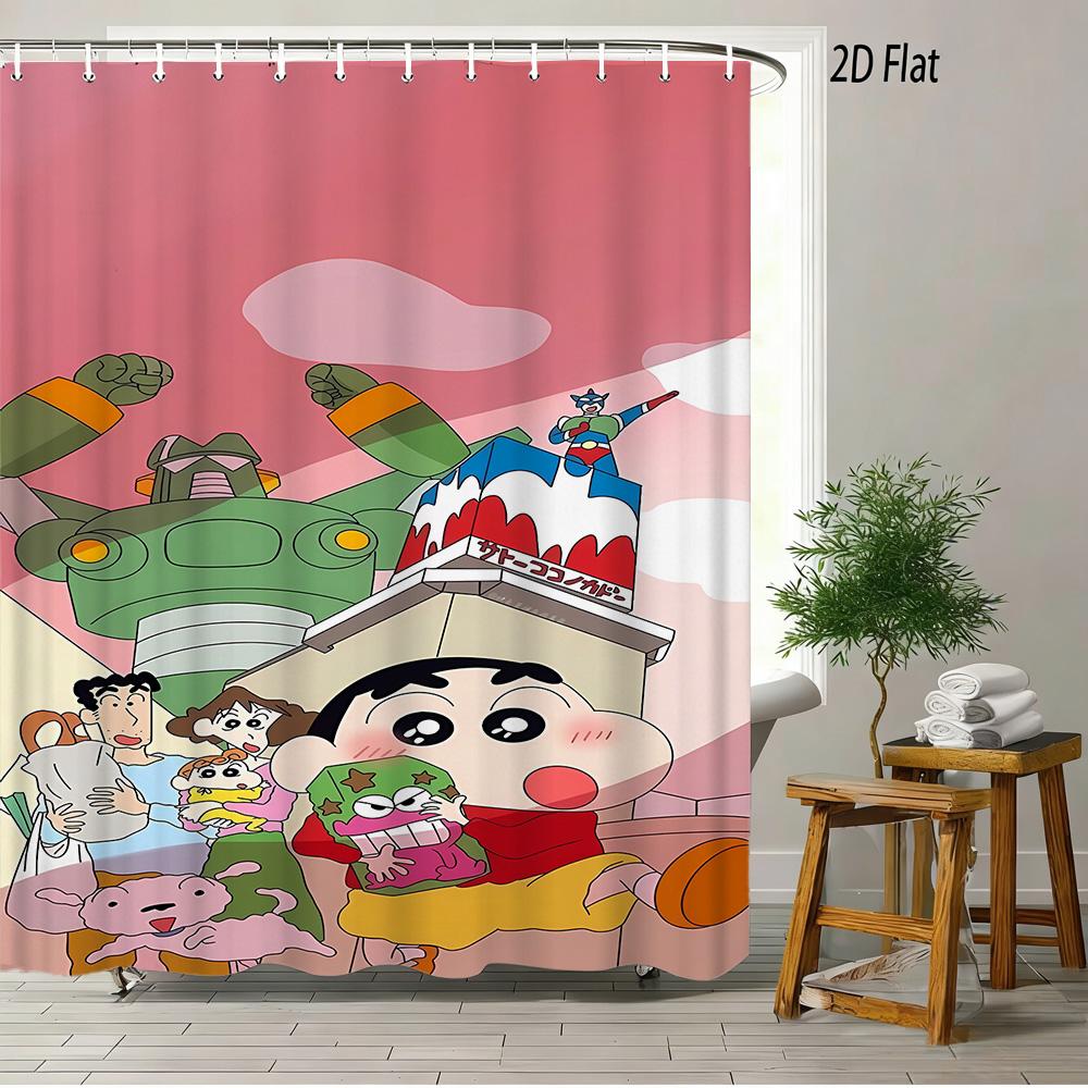 Crayon Shin-Chan & Friends & Shiro & Strange Creature On Green Grass Scene 2D Print Waterproof Shower Curtain, Bright Green Bath