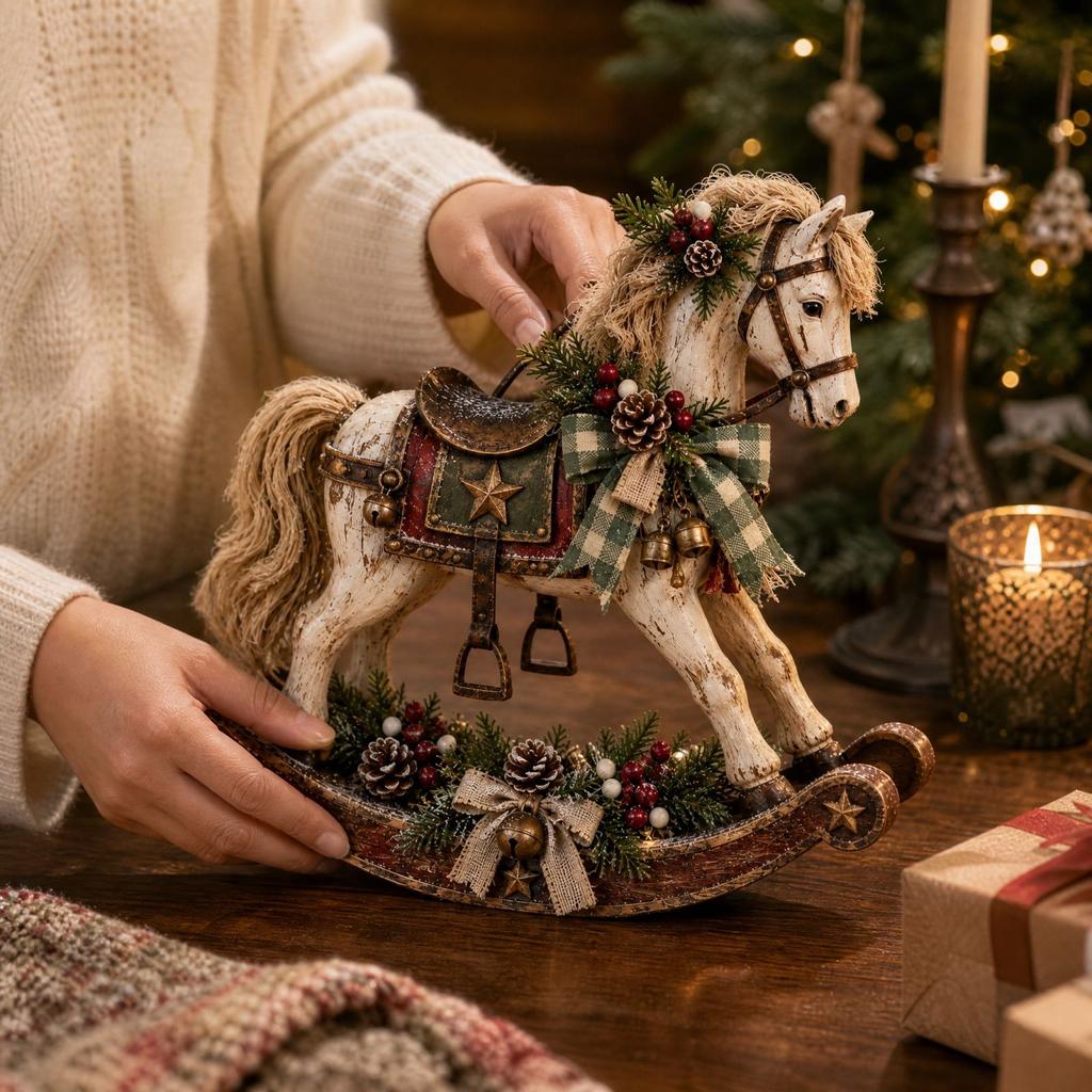 Vintage Christmas Rocking Horse, Retro Holiday Decoration for Seasonal Display