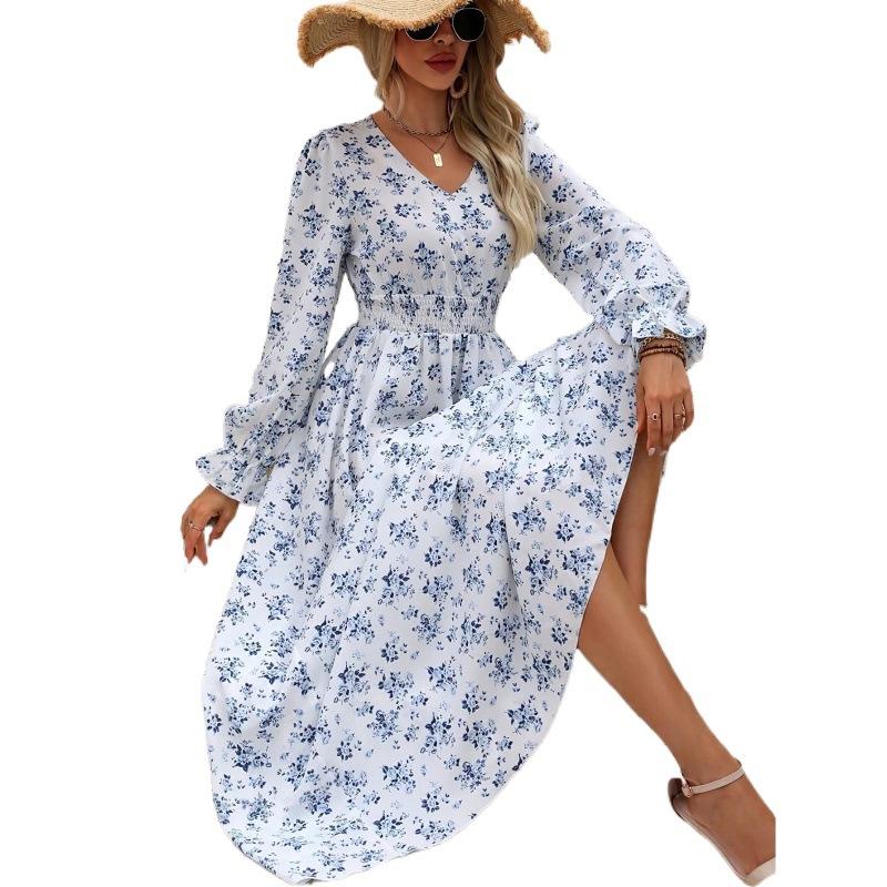 Abito da Donna Autunnale Stampato Scollo a V Manica Lunga Ampia Oscillazione Moda Versatile