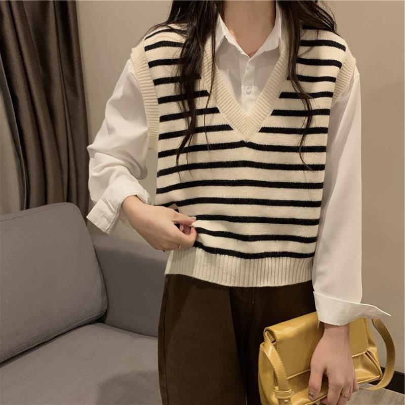 Damen V-Ausschnitt Gestreifte Strickweste Frühher Herbst Weicher Lässiger Stil Pullover