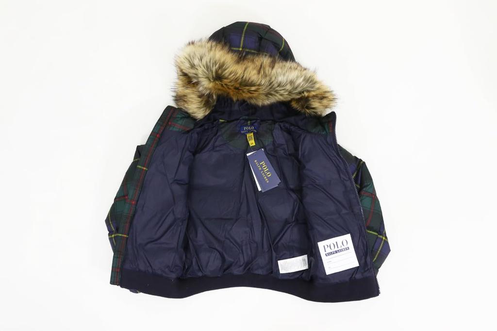 POLO RALPH LAUREN Kids Girls’ Hooded Down Jacket, Polo Bear Embroidery, Tartan Plaid Print, Multi-Color, Size 6X (01010023)