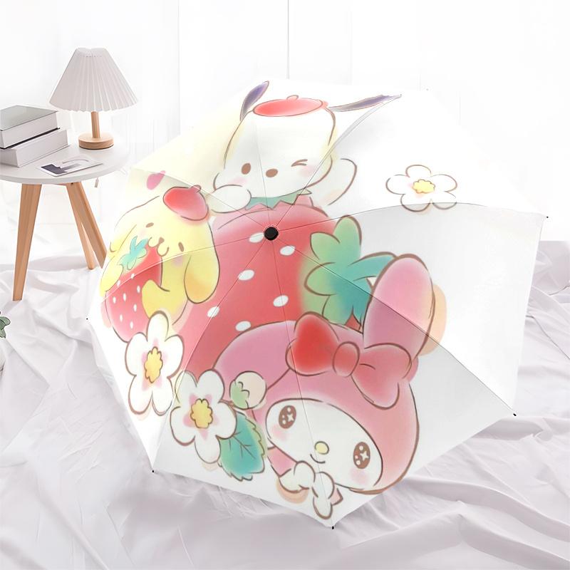 1pc Strawberry My Melody Pochacco & Pom Pom Purin Pattern Automatic Umbrella is Fashionable and Good-Looking, a Portable 3-Fold Umbrella, Suitable for