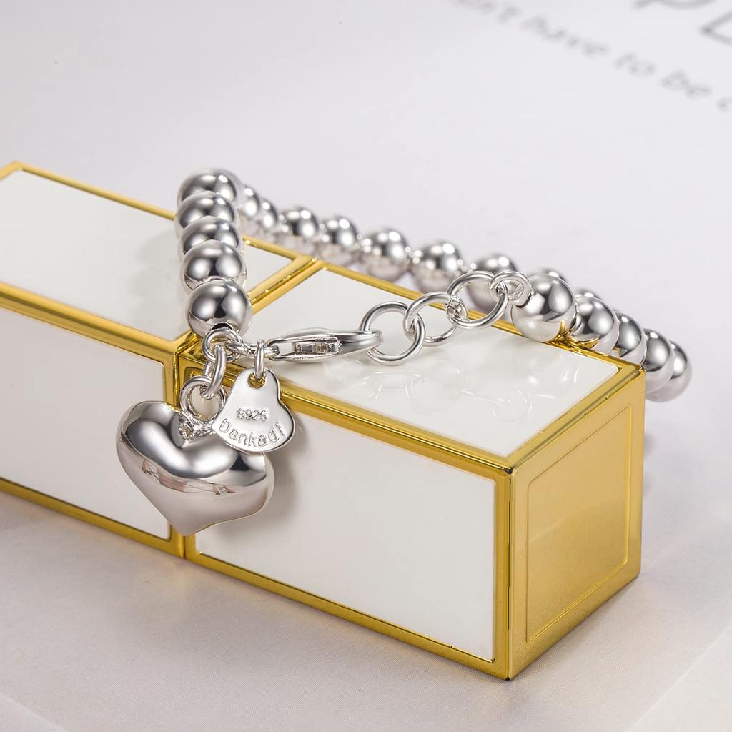 Fashion Women 925 Pure Silver Bangles Sterling Silver Round Beads Bracelet Minimalist Bell and Heart Pendant Prayer Beads Link Chain Bracelet for Men