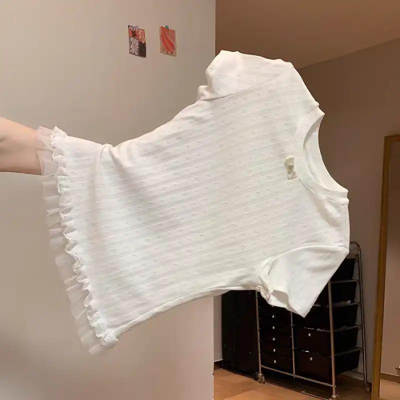 Ballet Style Lace Splicing Right Shoulder Short-sleeved T-shirt for Women Summer New Temperament Slimming Top
