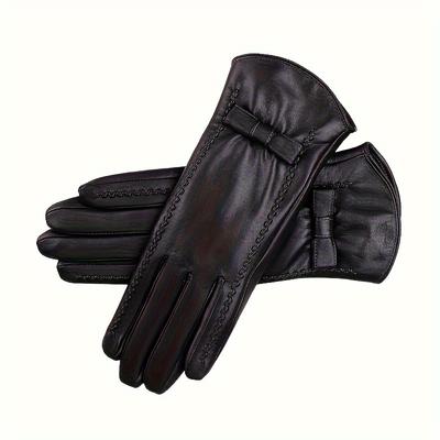 High qualityWomen's Genuine Sheepskin Leather Winter Gloves - Thickened Touchscreen, Plush Lining & Bow-Adorned Wrist, Cold-Proof Driving & Cycling