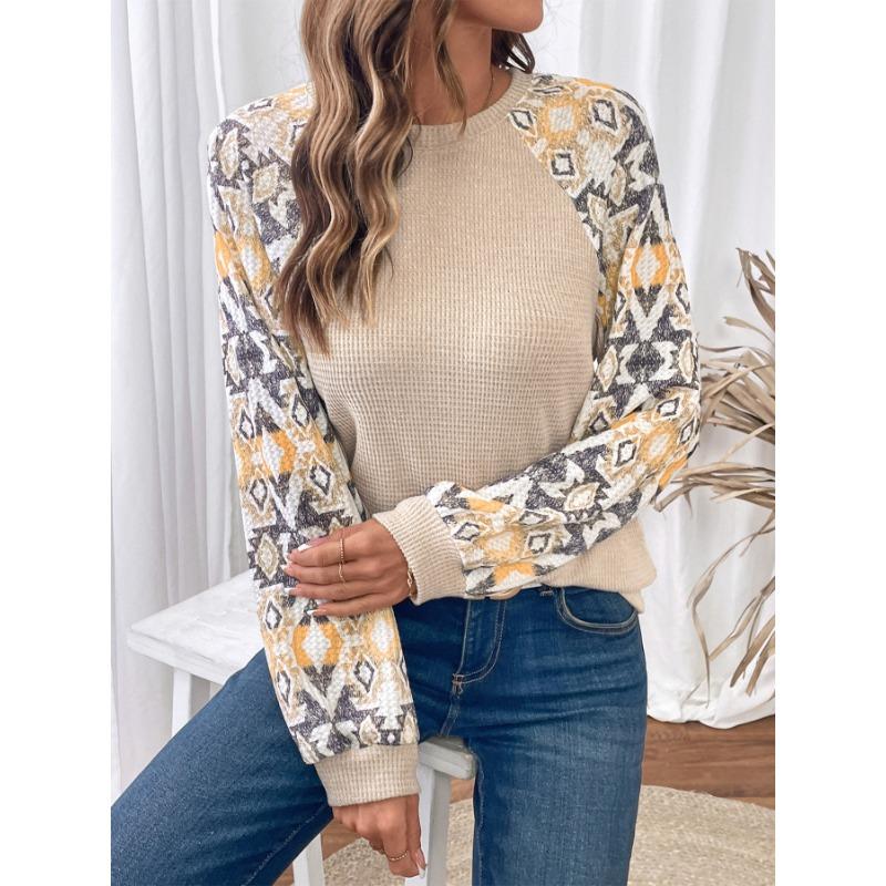 Women's Waffle Knit Sweatshirt Contrast Pattern Long Sleeve Casual Pullover Top