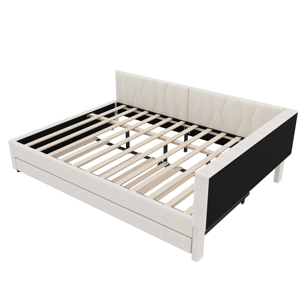 Daybed, 140x200cm, Storage Compartment on Bed, USB+Type C, With LED Light Strip, Pull-out Bed, Slatted Frame (without Mattress), Linen, Beige