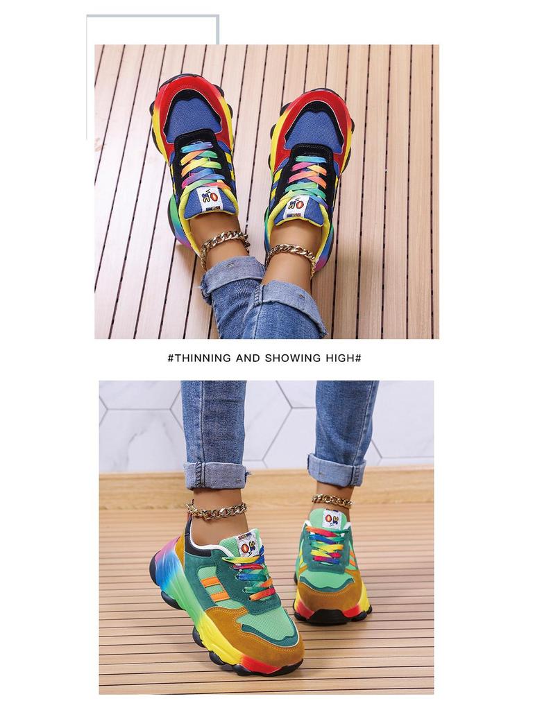 Large Size Women's Lace-Up Breathable Casual Shoes with Rainbow Sole