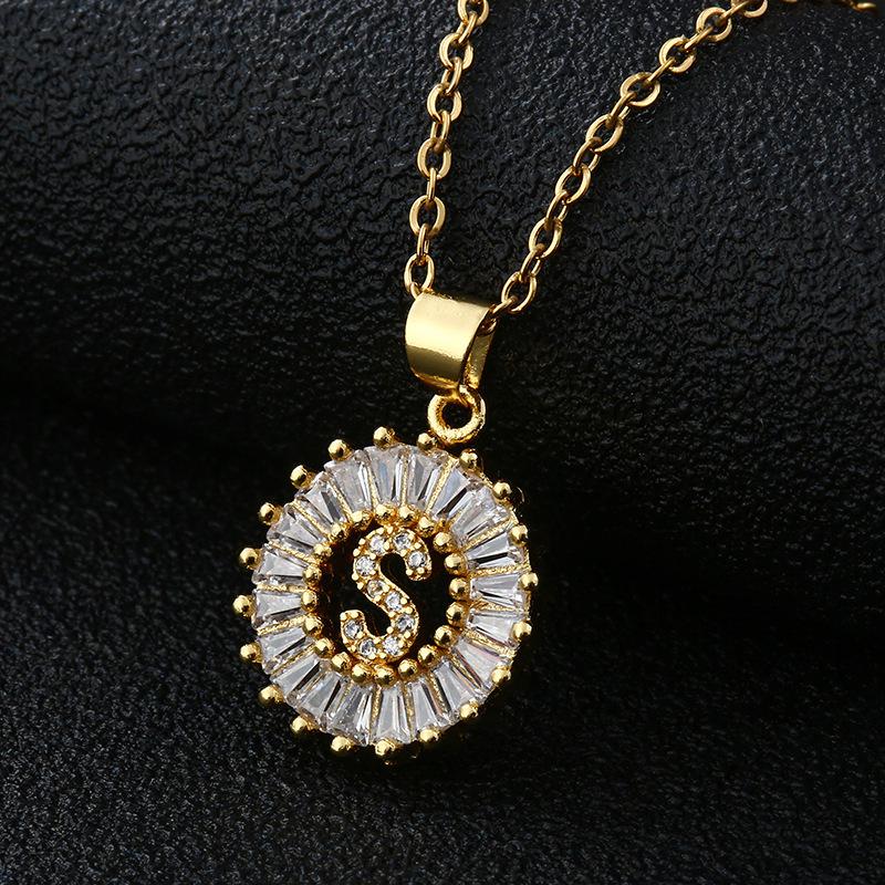 Shein Copper Zircon Round Alphabet Pendant Necklace