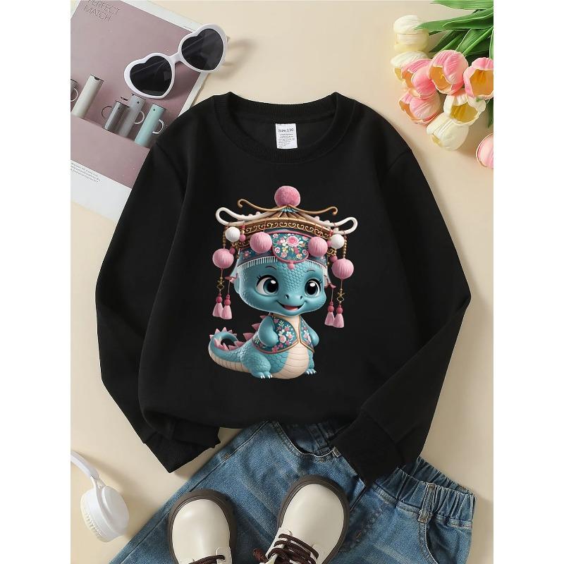 Kids Crewneck Sweatshirt, Pink Floral Embroidery Style Graphic Print, Spring Autumn Casual Sport Tops