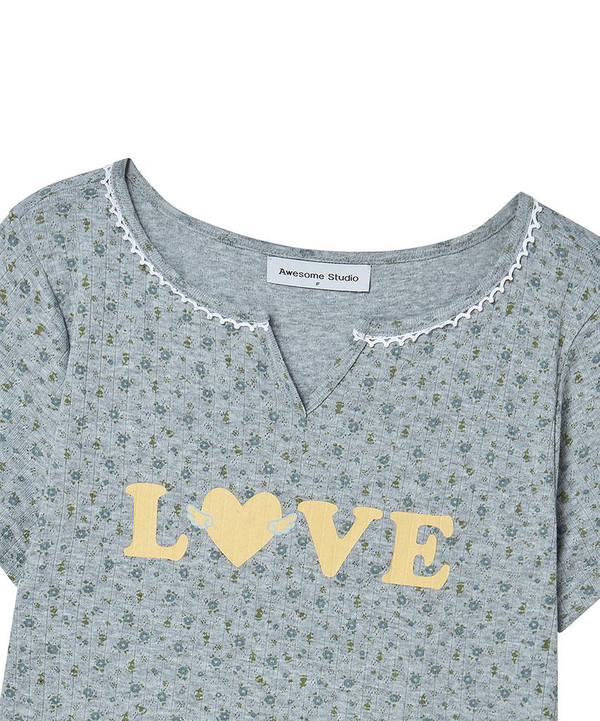 AWESOME STUDIO Flower Pattern Love T-Shirt Melange Gray