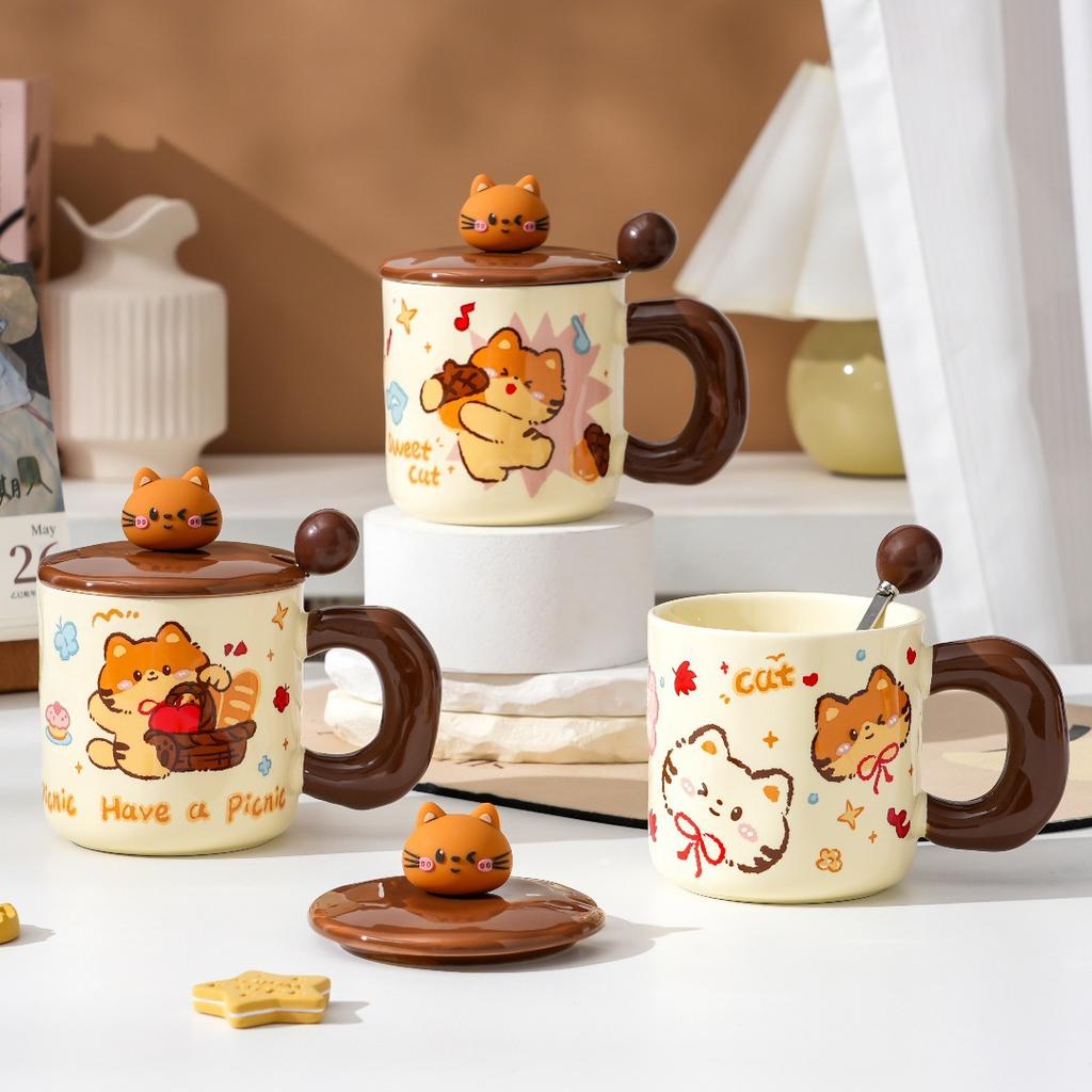 Cute cartoon cute pet bread cat mug high value office water cup with lid household milk breakfast cup