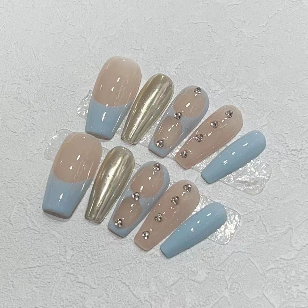 Pure Hand-wearing, Simple Blue French Nail Art Patch for Summer, Detachable Fake Nails