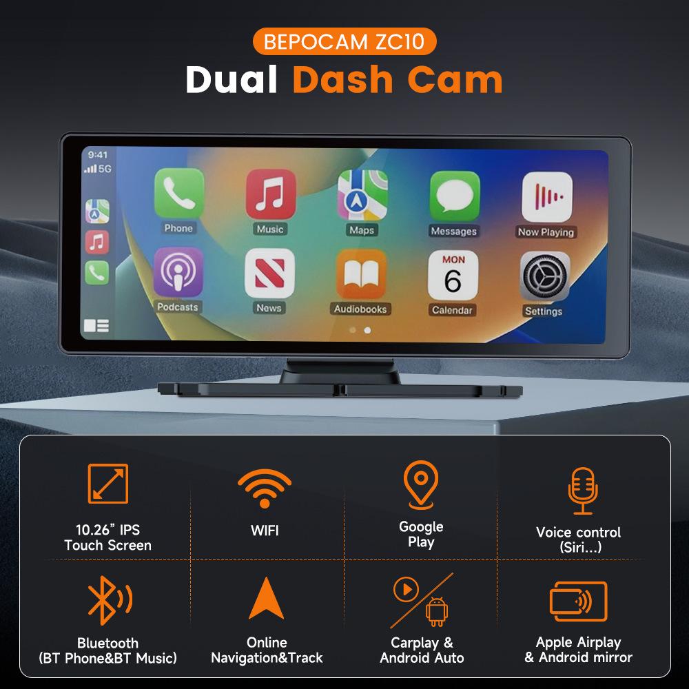 10.26-Inch WiFi Wireless CarPlay Dash Cam with Night Vision & Navigation