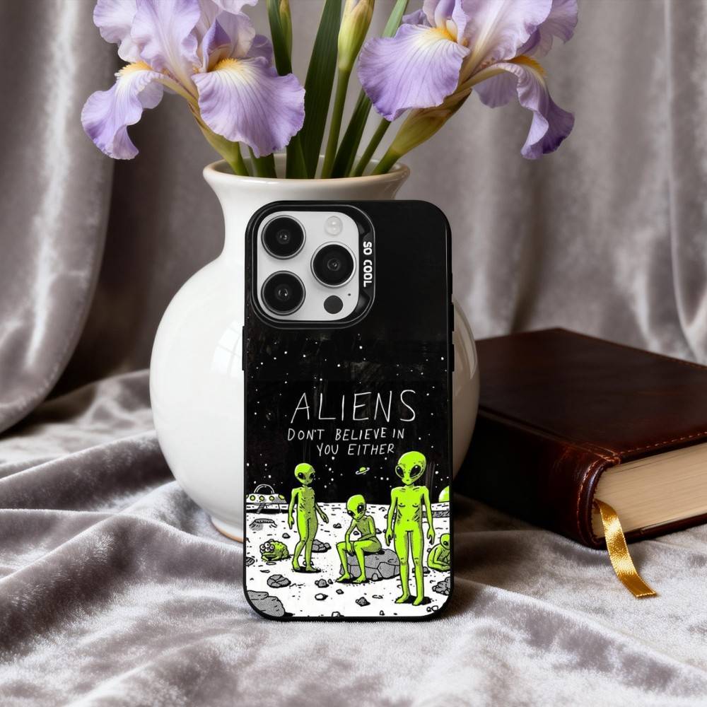 Funny S-Space UFO A-Alien T-Thing Phone Case For iPhone17,16,15,14,13,12,11 Plus,Pro Max Black Candy silver phone case