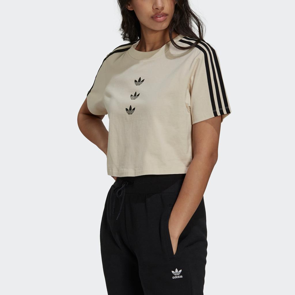 Adidas Originals Crop Tee Hot Girl Series Logo Print Striped Sports Short Sleeve T-Shirt Women Tops Off-White GU2808