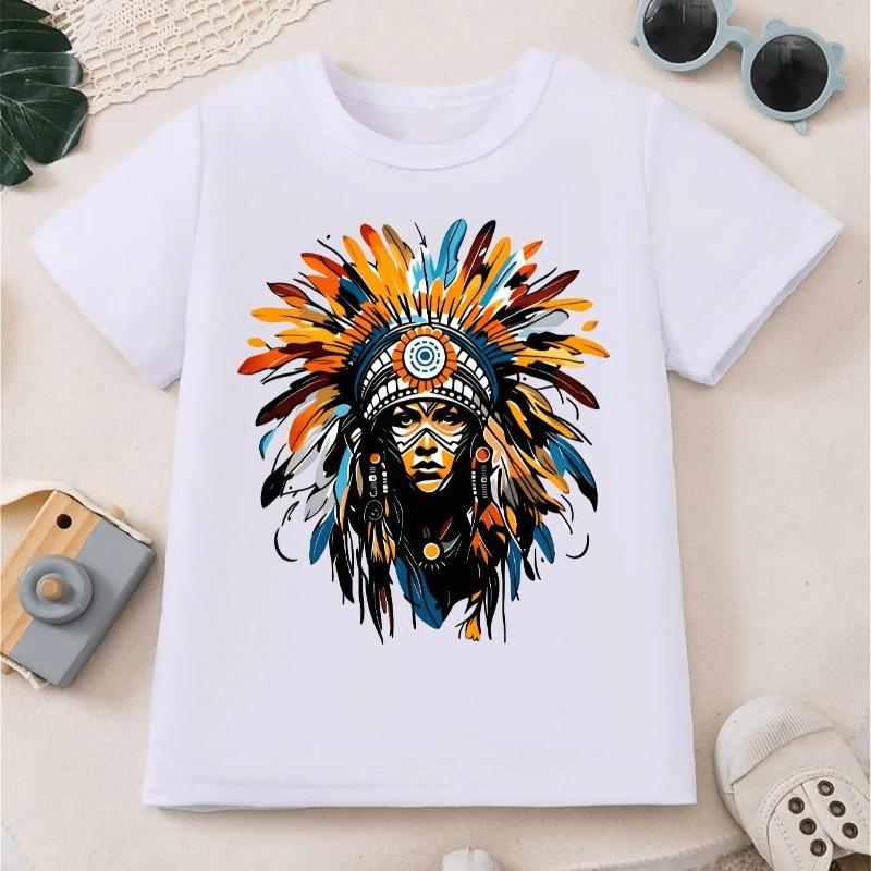 SKETCH NATIVE AMERICAN Printing Versatile Comfort Breathable Round Neck Short T-shirt for Kids Clothes Boys 110 белый
