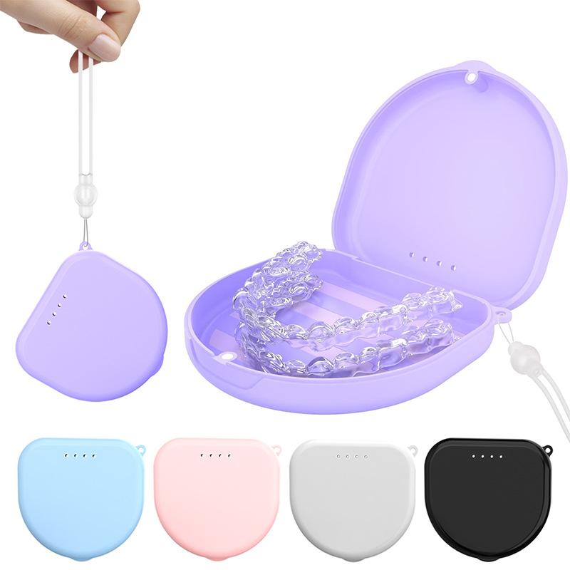 Portable Denture Tray Box Dental Retainer Box Case Plastic Teeth Container Denture Box False Teeth Protective Case With Lanyard