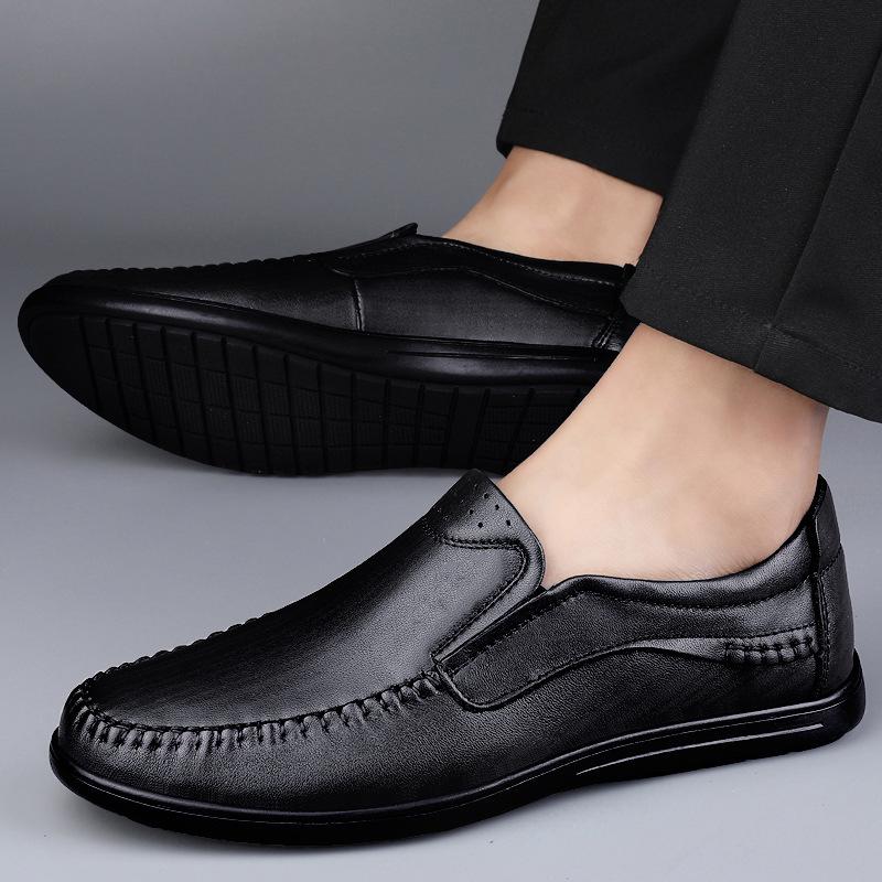 Men's Cross-Season Leather Shoes: Breathable Top Layer Cowhide, Perforated Casual Design for Middle-Aged Men, Available in Large Sizes
