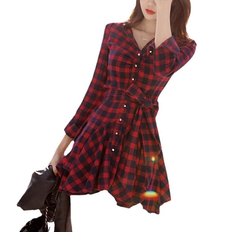 Korean Slim Fit Red Plaid Waist-Defining Shirt Dress for Spring/Autumn