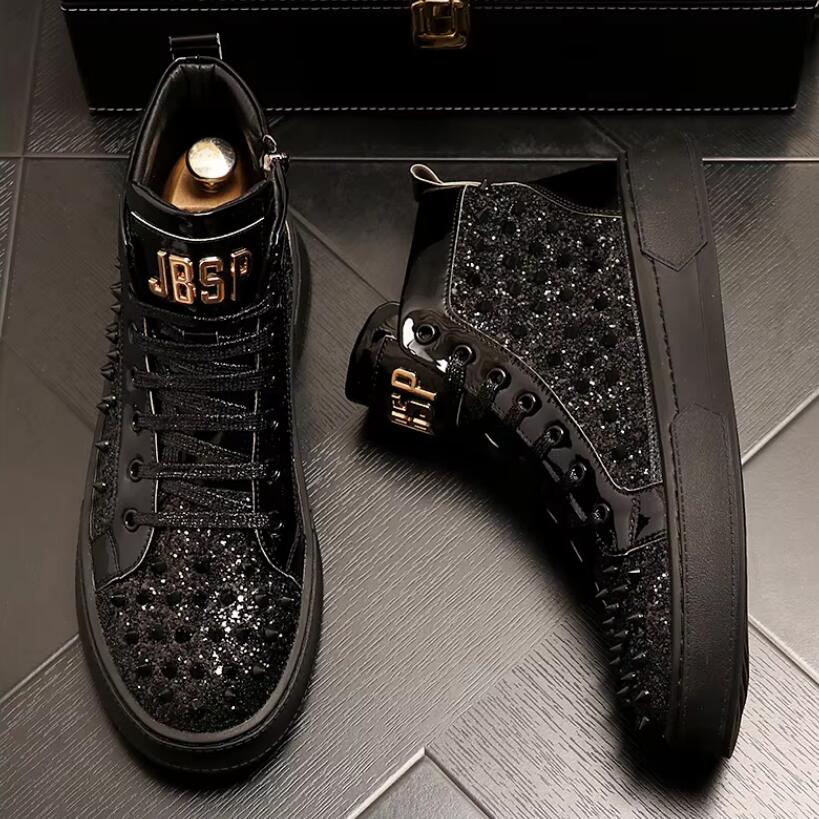 Móda Luxusní designérské Diamantové ležérní boty Vysoká kvalita nýtované vysoké semišové zipové tenisky Zapatos Hombre A7